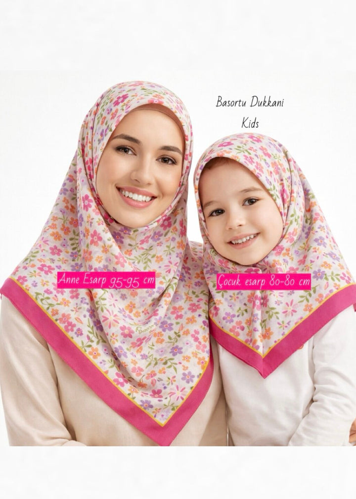 Anne Kız Eşarp Takımı - Çiçek  Bahçesi Pembe