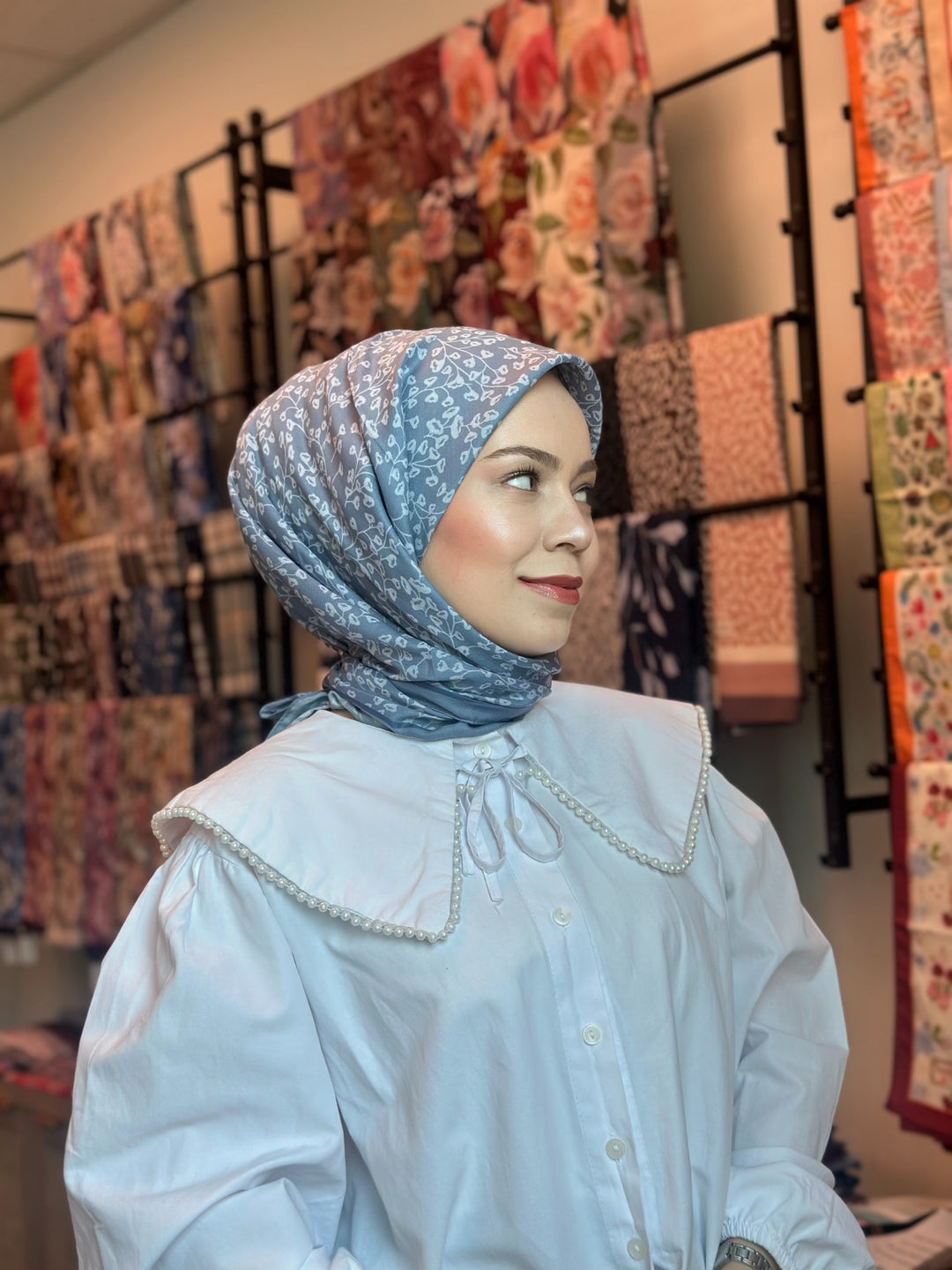 İnci Dalı Eşarp - Mavi Gri