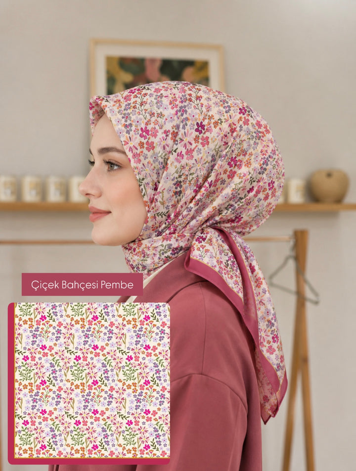 Anne Kız Eşarp Takımı - Çiçek  Bahçesi Pembe