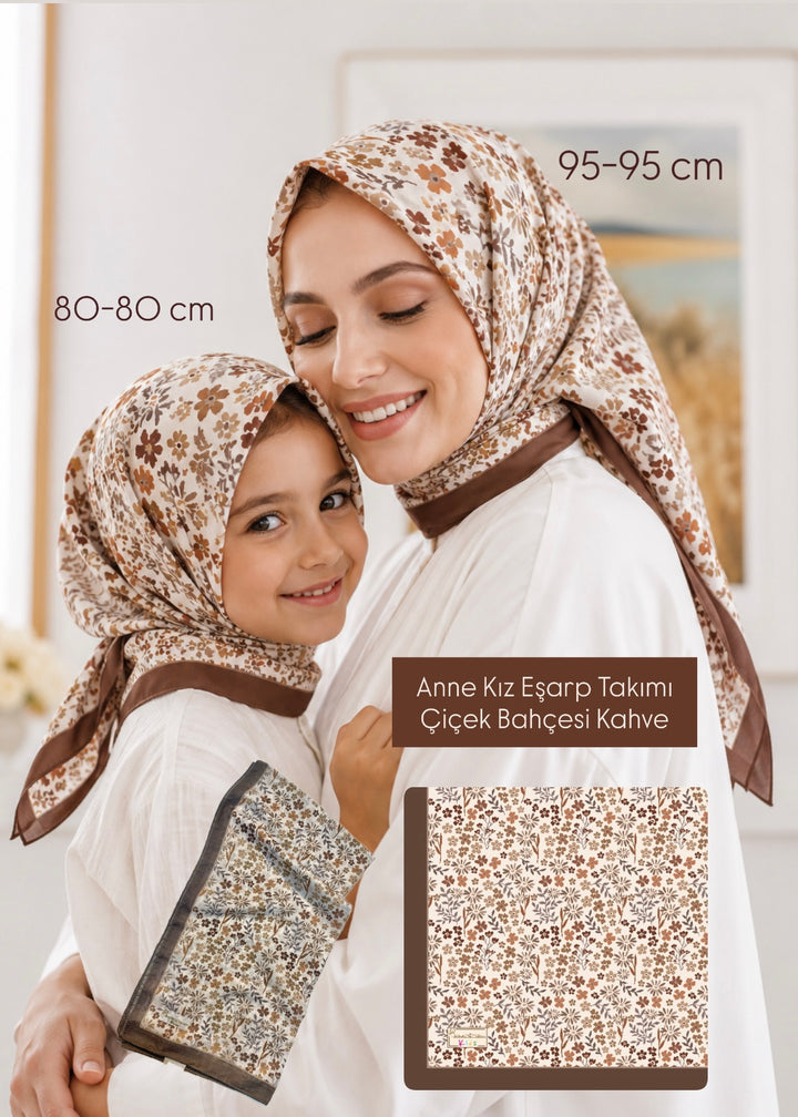 Anne Kız Eşarp Takımı - Çiçek Bahçesi Kahve