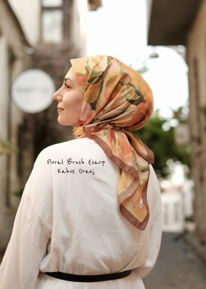 FLORAL BRUSH EŞARP - KAHVE ORANJ 