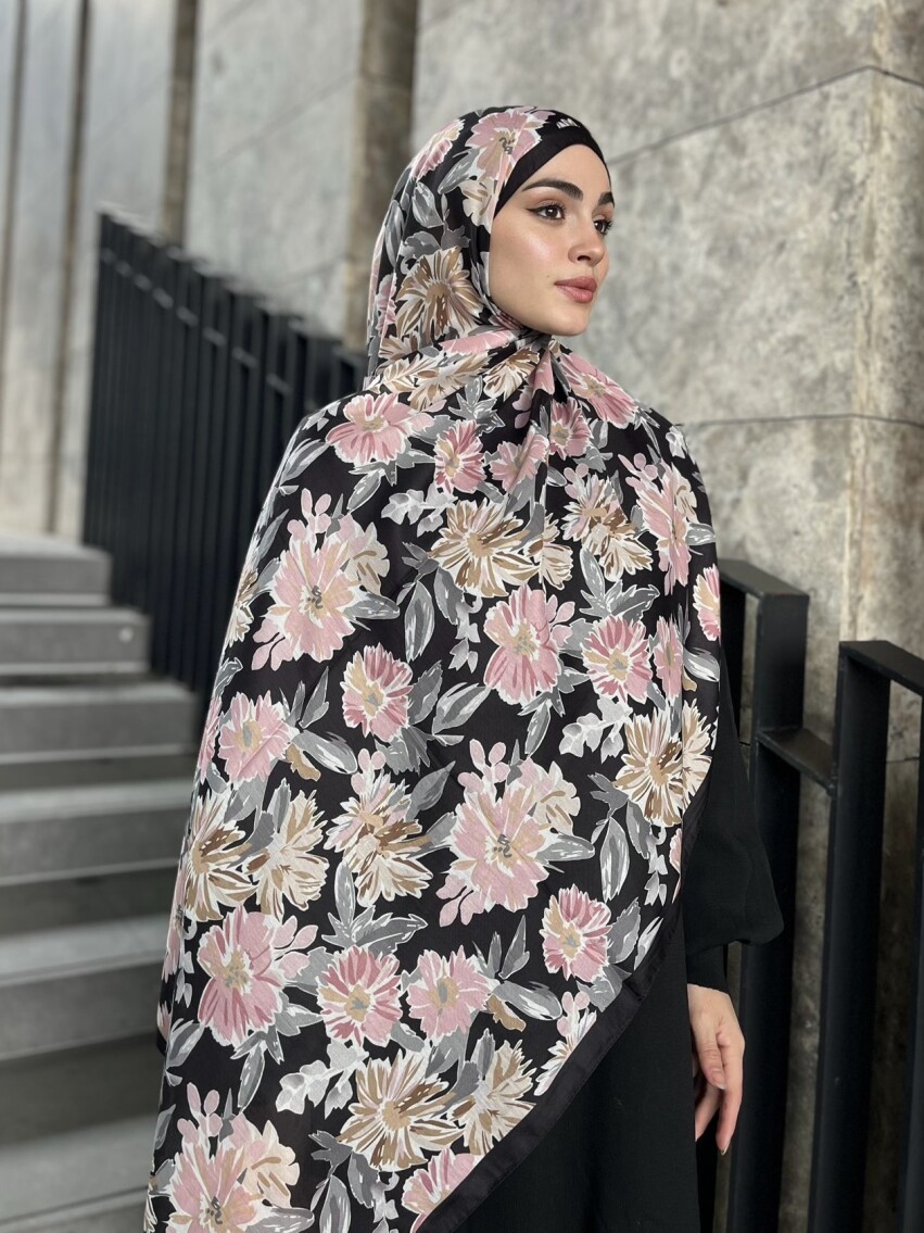 MATİLDA DESEN ŞAL - SİYAH PEMBE - 1