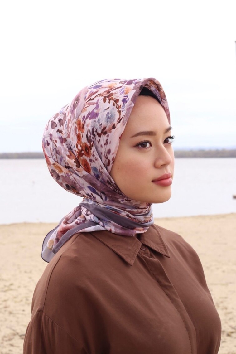 SULU BOYA ÇİÇEK DESEN EŞARP - GRİ - 1