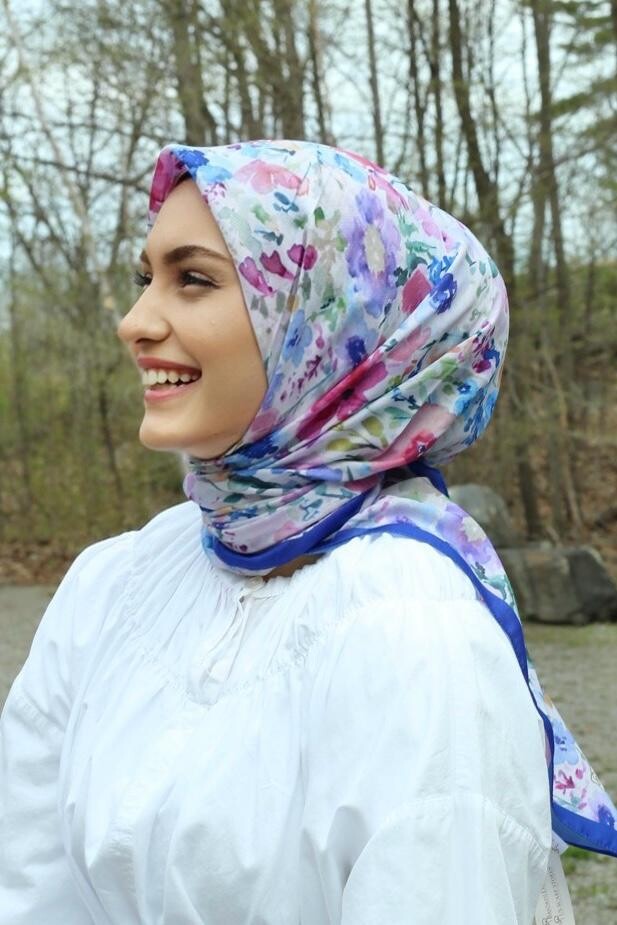 SULU BOYA ÇİÇEK DESEN EŞARP - SAKS - 1
